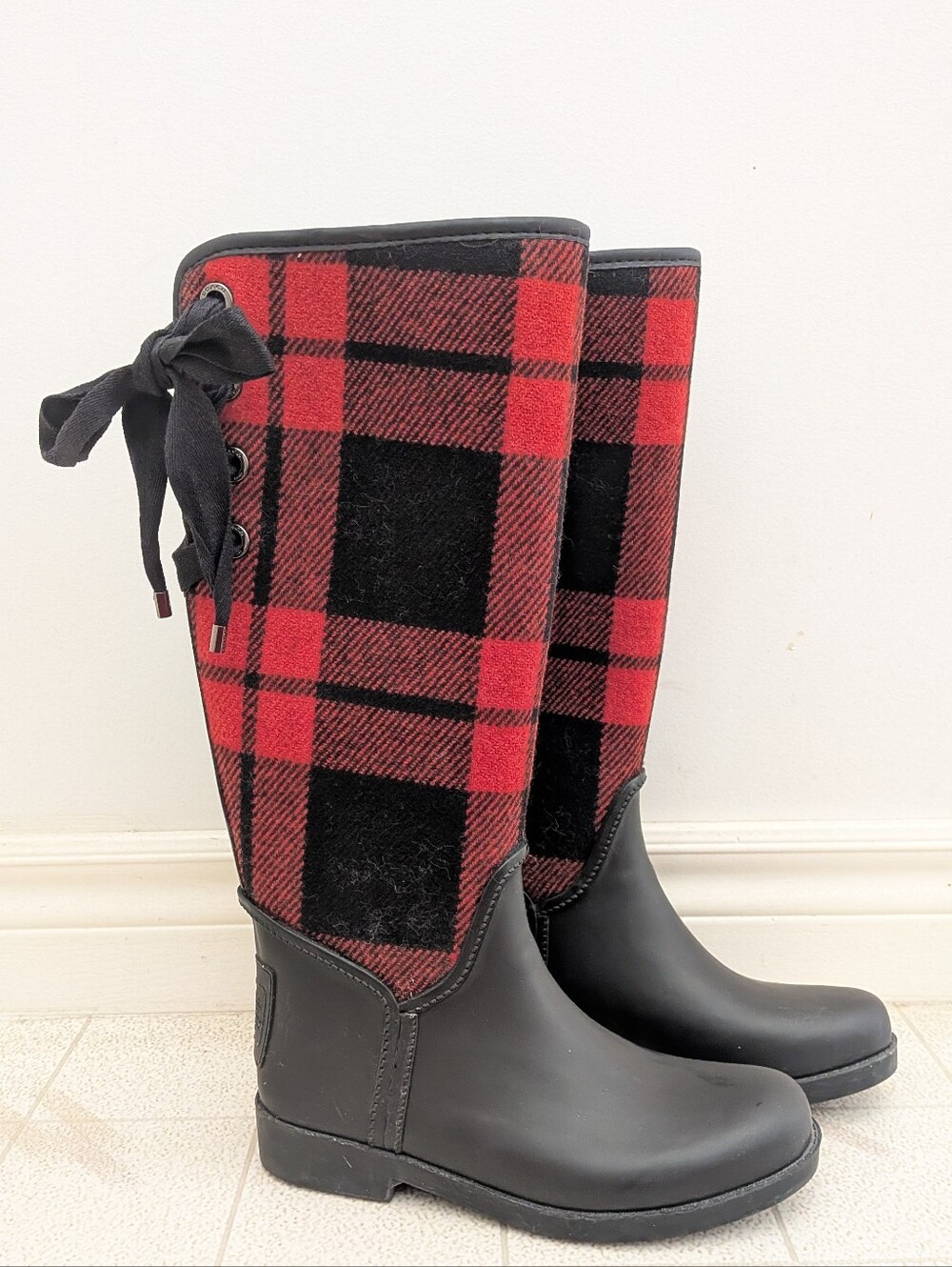 Coach Tristee Plaid Tall Rain Boots Red Black Buffalo Plaid Tartan Fleece Lined